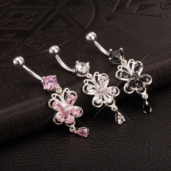 Crystal Butterfly Stainless Steel Belly Button Ring - Picture 1 of 5